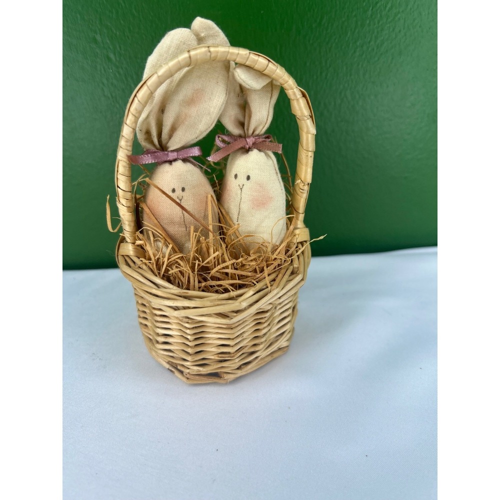 Primitive Easter Basket Decor Handcrafted Cloth Bunnies Woven Wicker Miniature